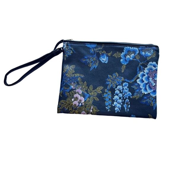 NWOT HANRO FAUX LEATHER NAVY BLUE FLORAL BIRD PRINT ZIPPED COSMETIC POUCH BAG - Picture 2 of 6
